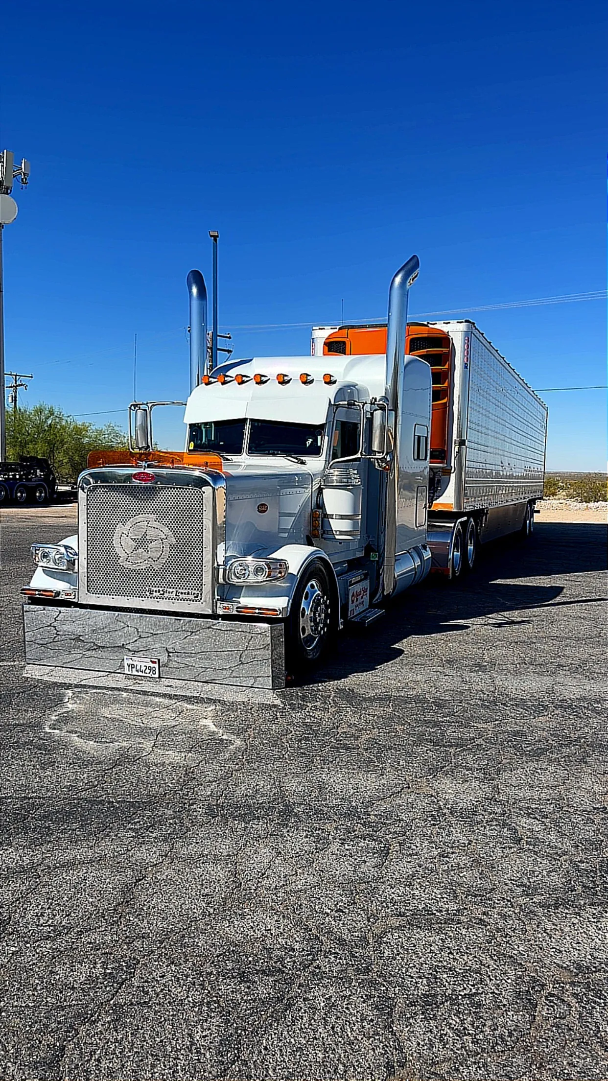 Front view of the Rockstar Trucking Peterbilt with refrigerated trailer